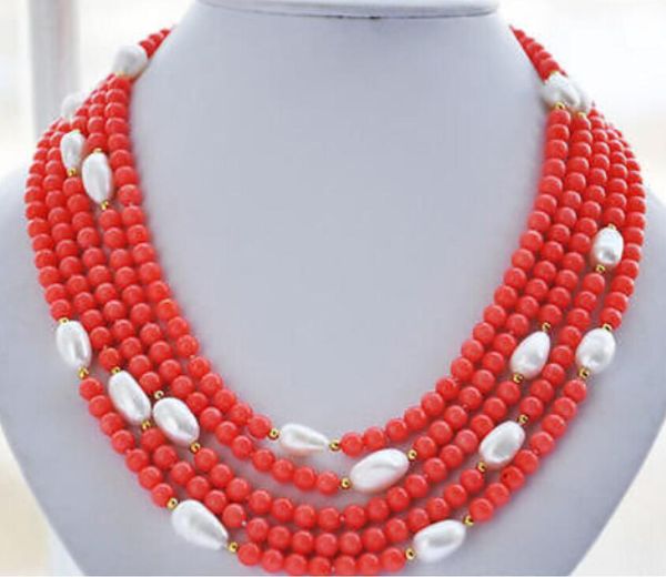 

>>>>20inch natural 5row pink coral bead white baroque pearl necklace, Silver