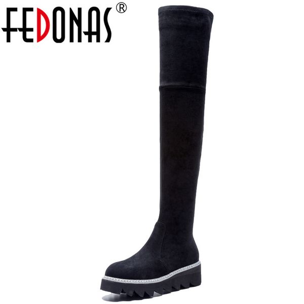 

fedonas women elastic tight high boots autumn winter snow women boots fashion high-heeled over the knee high platforms, Black