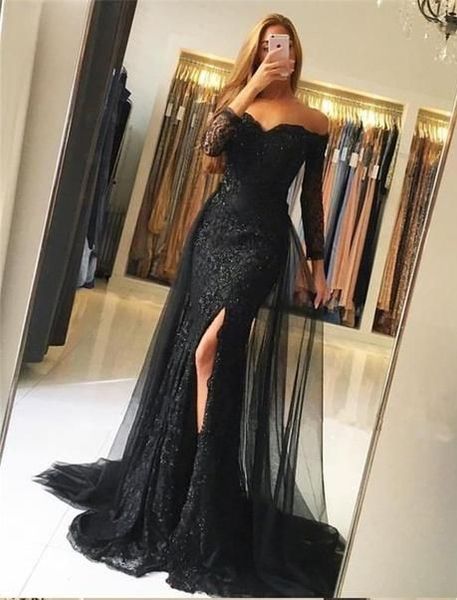 

charming black long sleeve prom dresses evening formal gowns lace v neck illusion applique beaded mermaid red carpet celebrity dresses