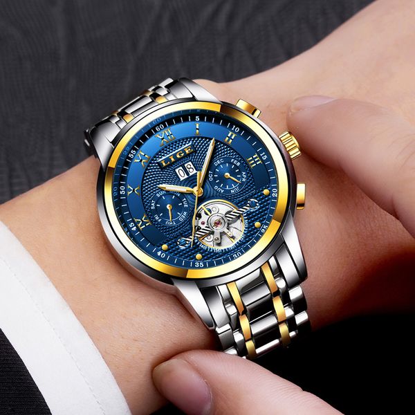 

lige new mens watches business automatic machinery men's watch all steel waterproof men's clock+watchs box 2018, Slivery;brown