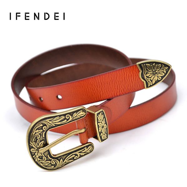 

ifendei fashion belt women vintage split thick leather belts wild ladies flower print pin buckle waist for jeans, Black;brown