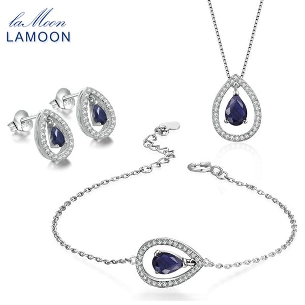 

lamoon water drop earring necklace bracelet jewelry set for women 100% blue sapphire 925 sterling silver fine jewelry v040-4, Black