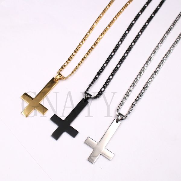 

polished black/gold/silver inverted cross pendant figaro link necklace 24" gift 4mm 24inch christmas gift to girl