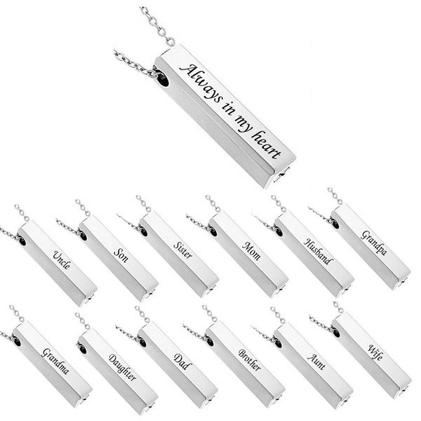 

fashion urn jewelry pendant stainless steel 'always in my heart' engraving personalized vertical rectangular bar necklace, Silver