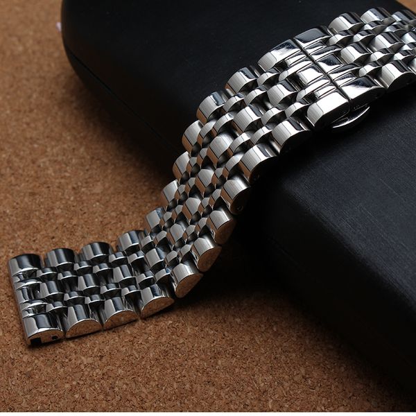

watchband silver metal stainless steel watch straps bracelet polished 7 beads 14mm 16mm 18mm 20mm 22mm for men hour, Black;brown
