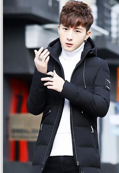 

new men's long coat winter clothing new hooded jacket youth slim cotton outerwear parkas coats, Black