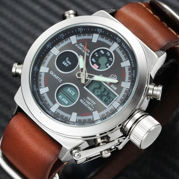 

goldenhour date sport time fashion alarm digital dual waterproof watch men quartz chronograph wrist watches pmwgw, Slivery;brown