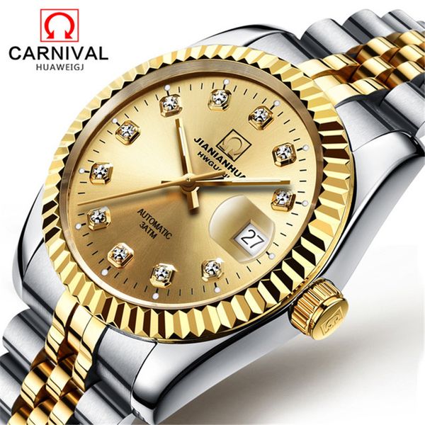 

carnival classic automatic mechanical watch diamond luminous mens watches stainless steel waterproof male clock reloj hombre, Slivery;brown