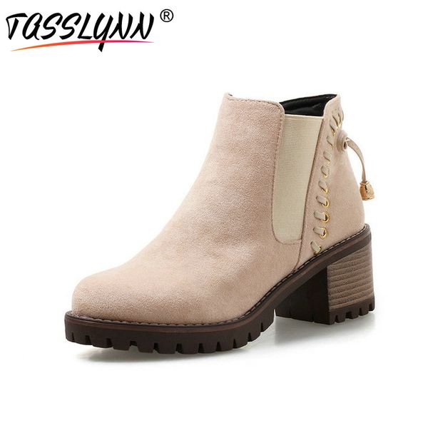 

tasslynn 2018 fashion women boots round toe sweet square high heels women winter shoes suede ankle boots woman shoes size 34-43, Black