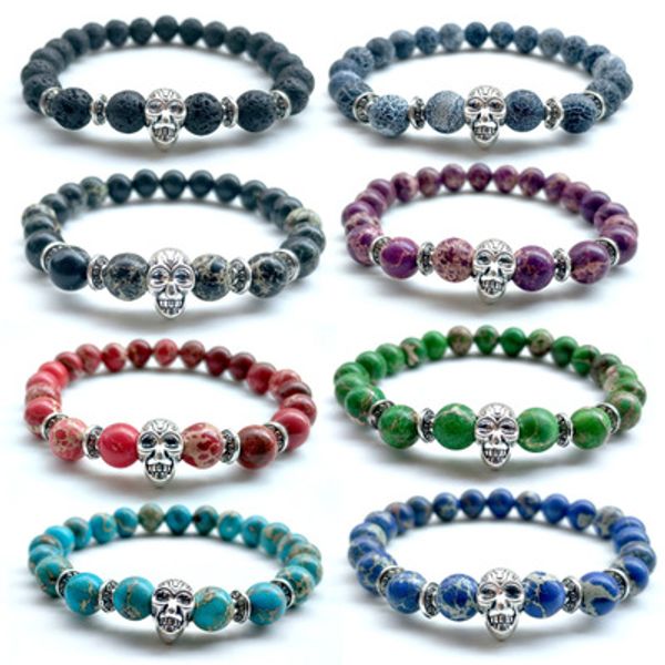 10 teil/satz Verkauf Großhandel 8mm Natürliche Edelstein Perlen CZ Schädel Armreif Frauen Gesundheit Indische Achat Stein Perlen Armband für Männer