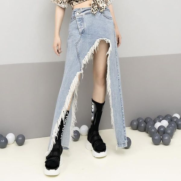 

newsummer 2018 fashion blue personality lace-up pockets edges fringed irregular denim skirt women qd258, Black
