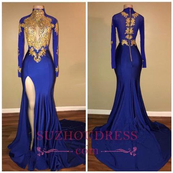 

2018 new royal blue prom dresses high jewel neck long sleeves high side split floor length zipper back floor length formal evening party, Black