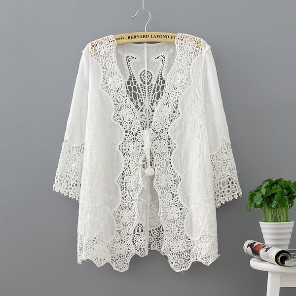 

hollow out white lace blouse kimono summer 2018 casual loose woman shirt fashion half sleeve kimono cardigan blouses women