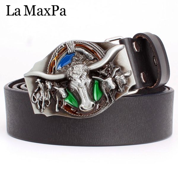 

fashion women & men leather belt cowboy style cowskin genuine leather western cowboy belt cow bull head pattern, Black;brown