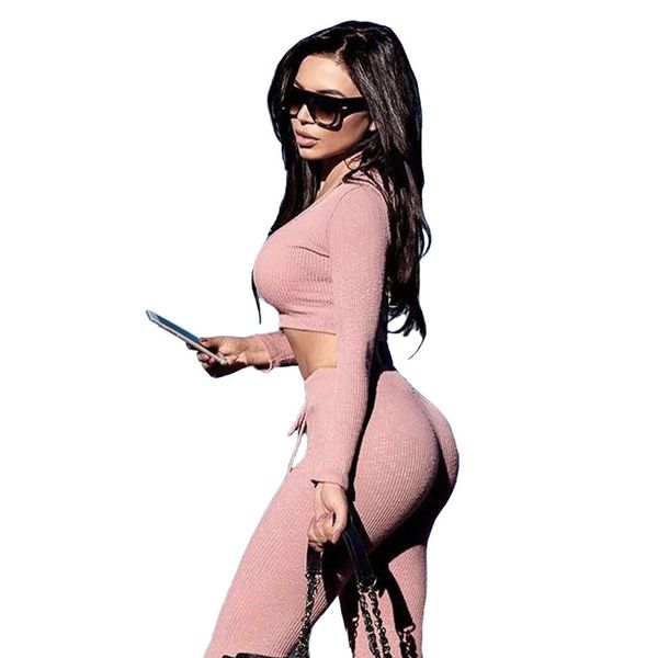 

Fashion Women Knitted Pants Crop Tops Sets Hoodie Long Sleeve Slim Elastic Waist Two Piece Outfits Tracksuits Ladies Suit Female