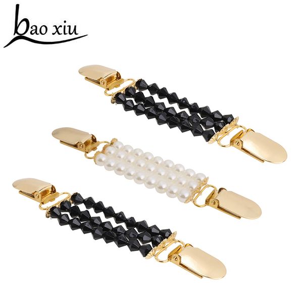 

new design women pearl beaded sweater shawl clips cardigan collar duck-mouth plated metal clip holder garters accessories, Black;white