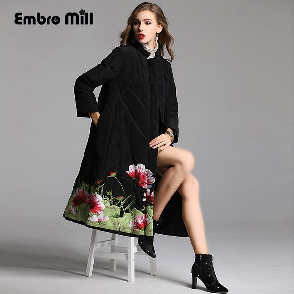 

royal embroidery flowers down jacket coat women winter flowers vintage lady floral loose white duck down parkas female l-xxxl, Black