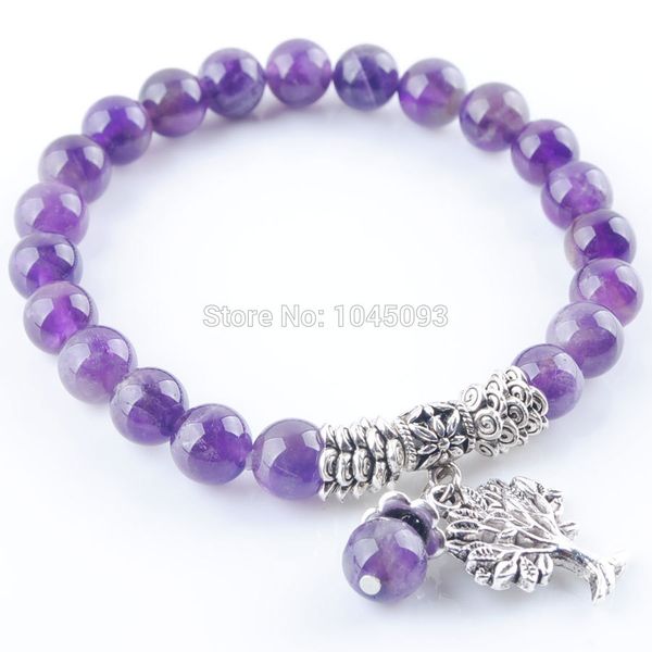 

yowost natural amethysts gem stone bracelet mala beads tree of life charms meditation ethnic jewelry qk3213, Golden;silver