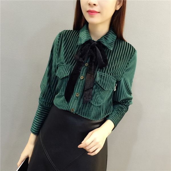 

new winter autumn velour lace women blouse loose all-match female long sleeve bow collar shirts bottoming shirt, White