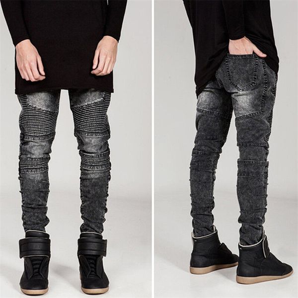 

men high waist jeans runway slim racer biker jeans skinny denim pant for men trousers solid color, Blue