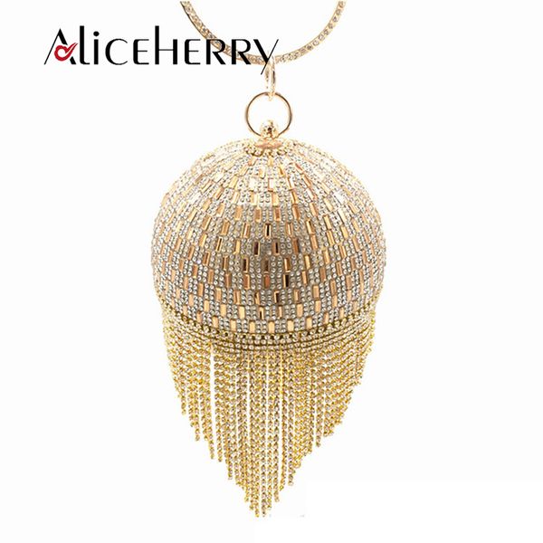 

women wedding bridal clutch golden crystal diamond tassel ring evening clutches purses wristlets handbags lady circular bead bag