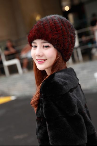 

women real mink fur hat high elastic warm knitted ski cap winter, Blue;gray