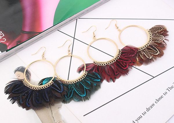 

bohemian feather tassel dangle earrings fan sector vintage alloy circular drop earrings for women jewelry support fba drop shipping h34r, Silver