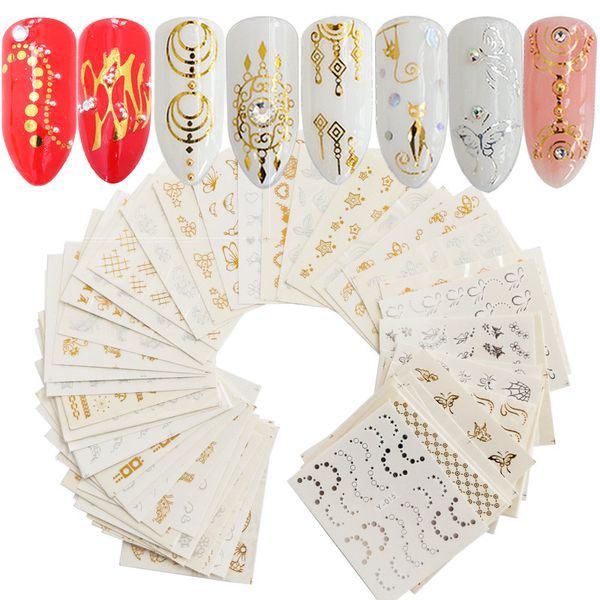 

30Sheets Nail Art Sticker 3d Gold Silver Metallic Dream Net Catcher Cat Natural Flower Patterns Water Transfer Manicure DIY Decals New