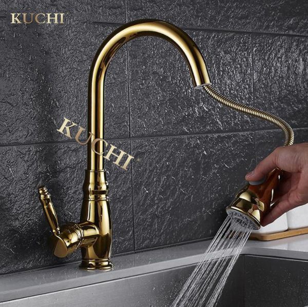 2019 Kuchi 9117 Gold Kitchen Faucet Paint Gold Pull Out Down