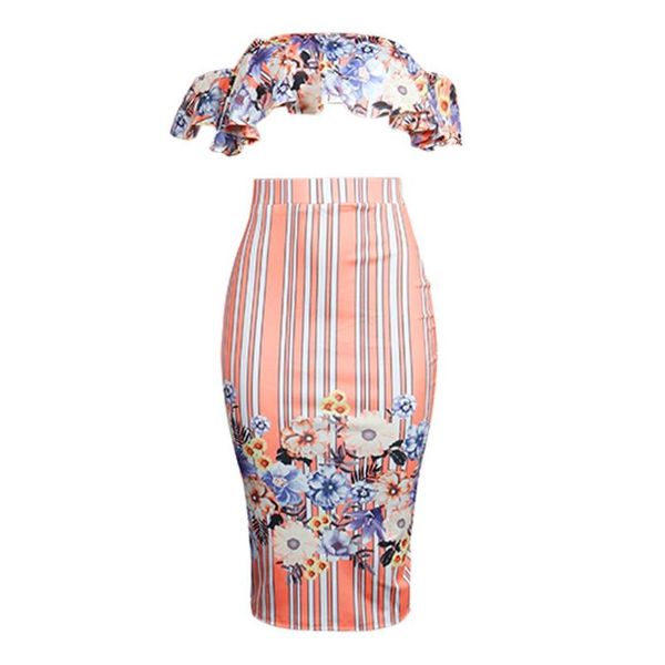 

summer skirt women 2 piece sets women eleprint floral set ruffle off shoulder empore high waist slit midi skirt, White