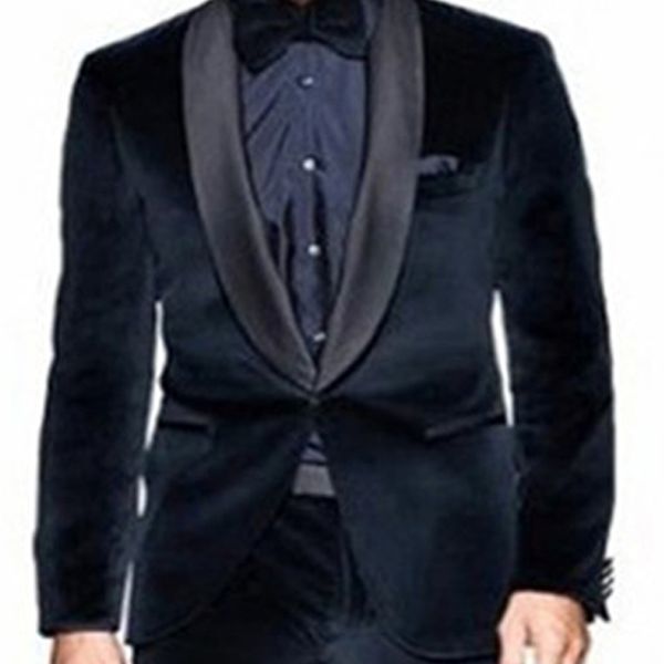 

two pieces navy blue velvet men suits for wedding apparel black shawl lapel trim fit evening prom tuxedos groom jacket pants, White;black