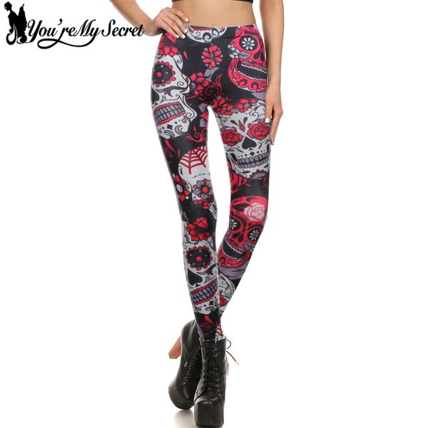 

you're my secret] skull red flowers leggings rose 3d digital printed women leggins fitness soft slim mujer workout pants, Black
