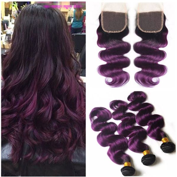 Purple Ombre Brazilian Human Hair Weaves With Top Closure Body