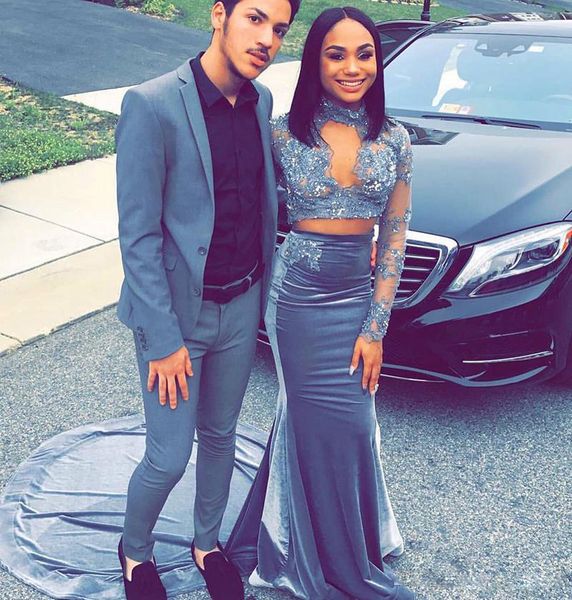 

2019 two piece mermaid special occasion black girls prom party dress long sleeves high neck lace appliques see through sweep train custom