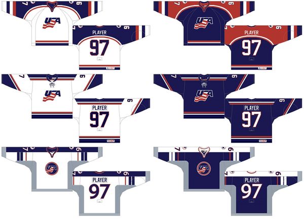 

customized mens womens kids iihf united states 1998 1999-2004 2005 home road white blue red international hockey logos jerseys, Black;red