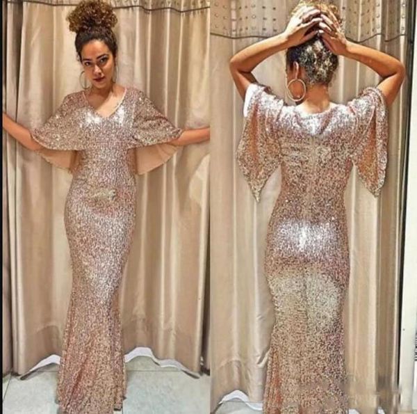

Sparkly Sequined Prom Dresses Sexy V Neck Cap Sleeve Mermaid Evening Gowns Floor Length Cheap Cocktail Formal Party Dress