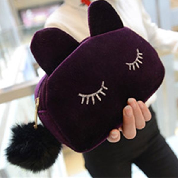 

kawaii cute cartoon cat velvet solid color makeup bags cat design cosmetic make up organizer bag women bag cosmetics necessaries