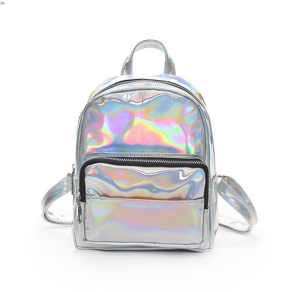 Holograma laser mochila rosa prata impermeável feminino pequeno sacos de couro holográfico mini mochilas para o saco de viagem adolescente