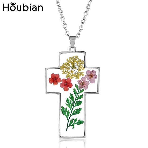 

houbian creative cross flower pendant necklace natural dried flower sweater chain for women's party, Silver