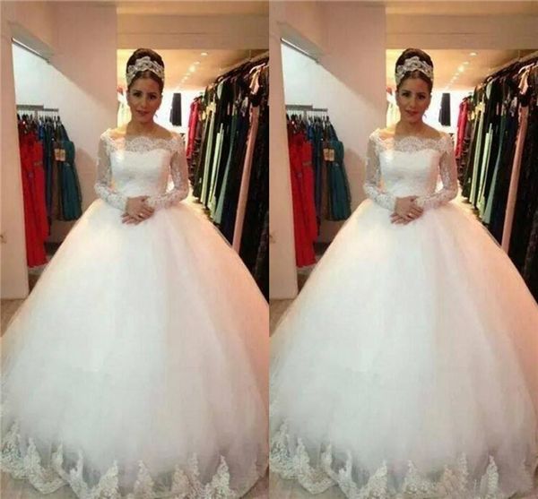 

vintage long sleeve ball gown wedding dresses middle east court train lace appliques bridal dresses wedding gowns, White