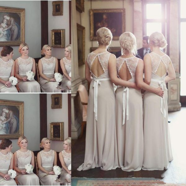 

Cheap Long Bridesmaid Dresses For Wedding Country Long Chiffon A-Line Backless Formal Dresses Party Lace Modest Maid Of Honor Dress