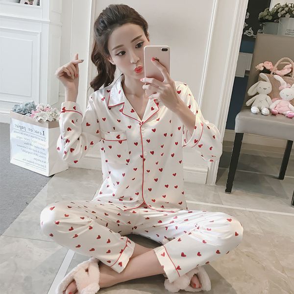 

wholesale wavmit 2018 women comfortable silk pajama set girl print pyjama set long sleeve sleepwear suit women nightshirt sets, Blue;gray
