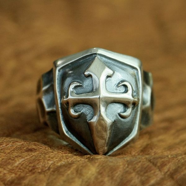 

linsion 925 sterling silver handmade shield cross ring mens biker punk ring ta92, Golden;silver