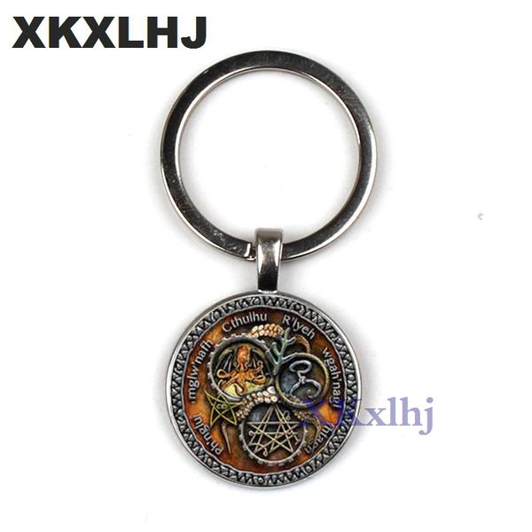 

xkxlhj vintage cthulhu key chains steam punk r'lyeh pattern letter glasss dome pendant key holder men women bronze jewelry, Silver