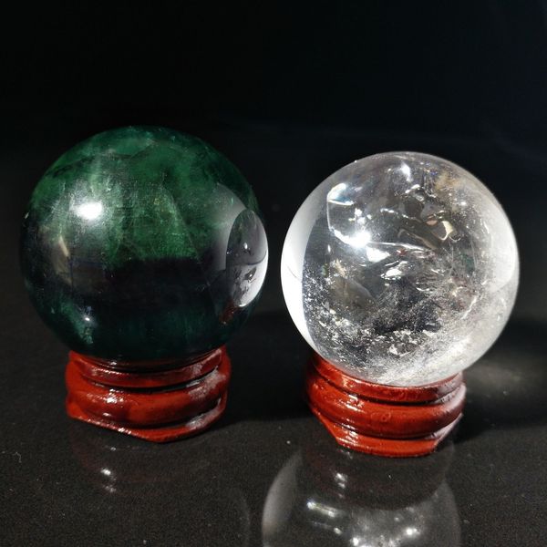 2 Stück natürlicher klarer weißer Quarz grüner Fluorit-Kristall-Quarz-Kugel + Ständer ca. 200 g