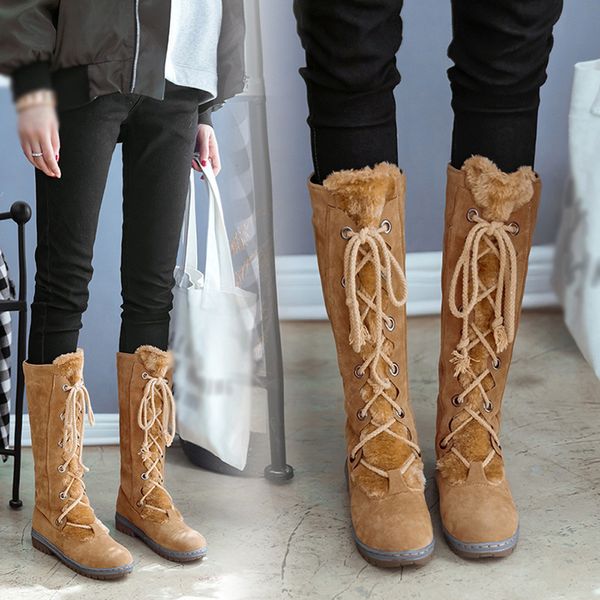 

women suede round toe lace-up flat shoes keep warm middle tube snow boots woman winter lady snow boots fashion classic ell, Black