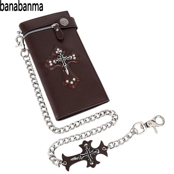 

pinshang stylish men wallet retro metal skull cross long-style leisure business wallet money clip with chain & purse z30, Red;black