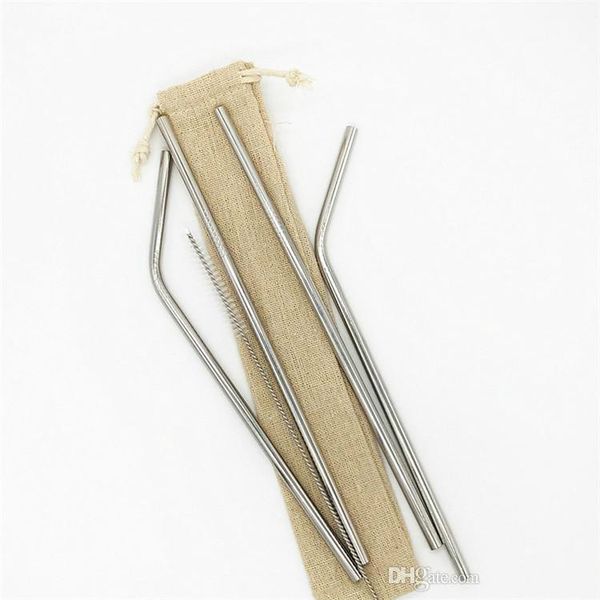 

8.5 " reusable metal straw set straw set with cleaning brush linen bag packing 4+1 combination straight bend