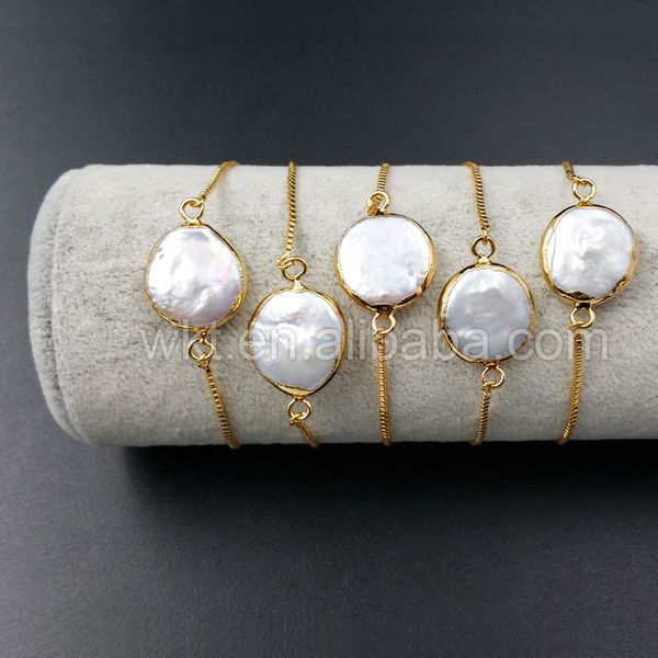 

wt-b306 ales natural mother of pearl bracelet, 24k gold dipped round pearl chain bracelet in adjustable size, Black