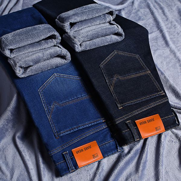 

sofie winter warm men's jeans thick stretch denim jeans straight fit trousers male cotton pants men large size40, Blue